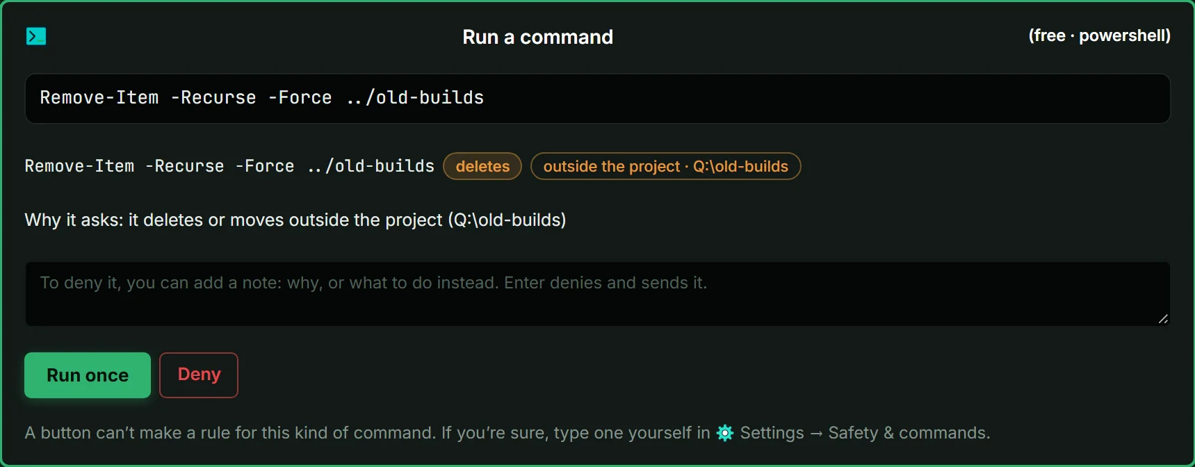 An approval card for the command Remove-Item -Recurse -Force ../old-builds, tagged deletes and outside the project.