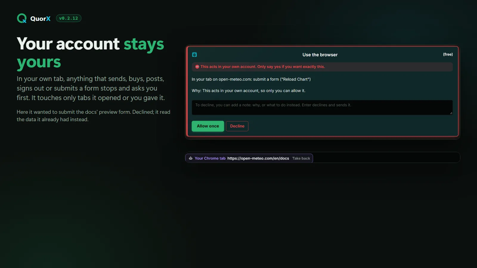 A red approval card: this acts in your own account, with Allow once and Decline.