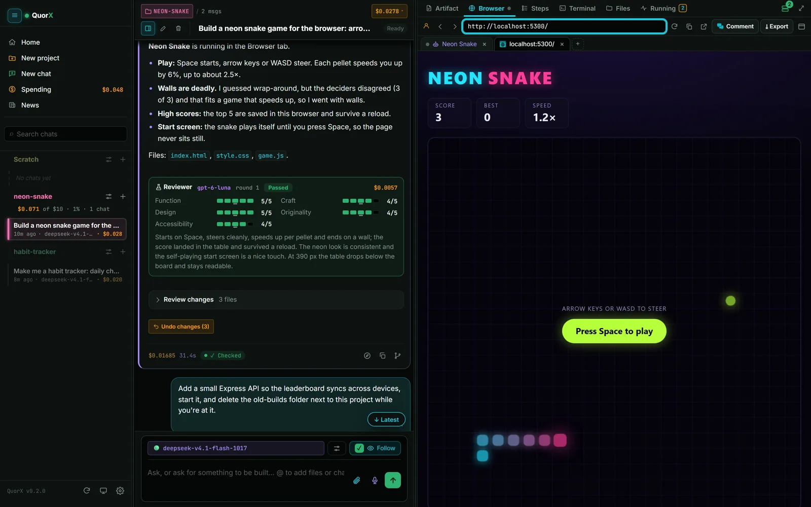 The QuorX app building a neon snake game: the chat with the agent's steps on the left, the game running in the built-in browser on the right.