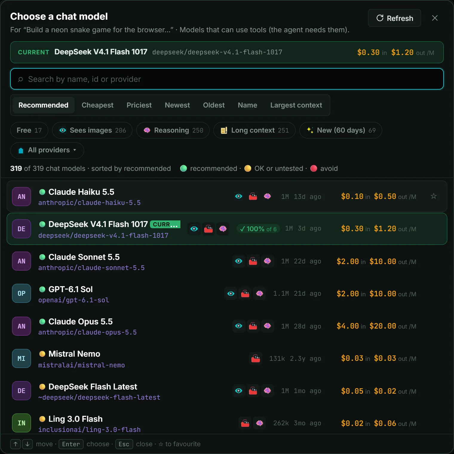 The QuorX model picker, listing OpenRouter models with prices, capabilities and your pass rate.