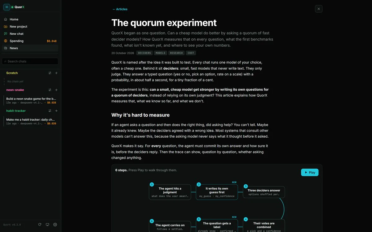 The QuorX News view with release notes and research articles.