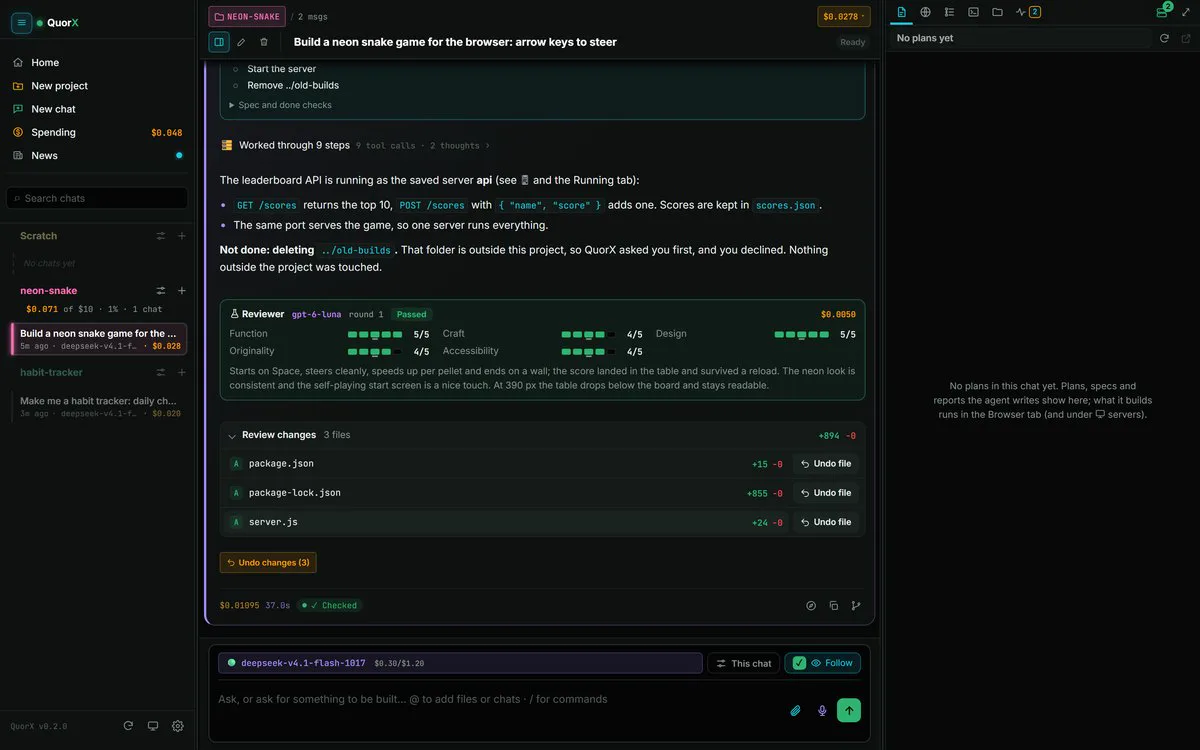 Review changes in QuorX: every file a reply touched, with an Undo button.