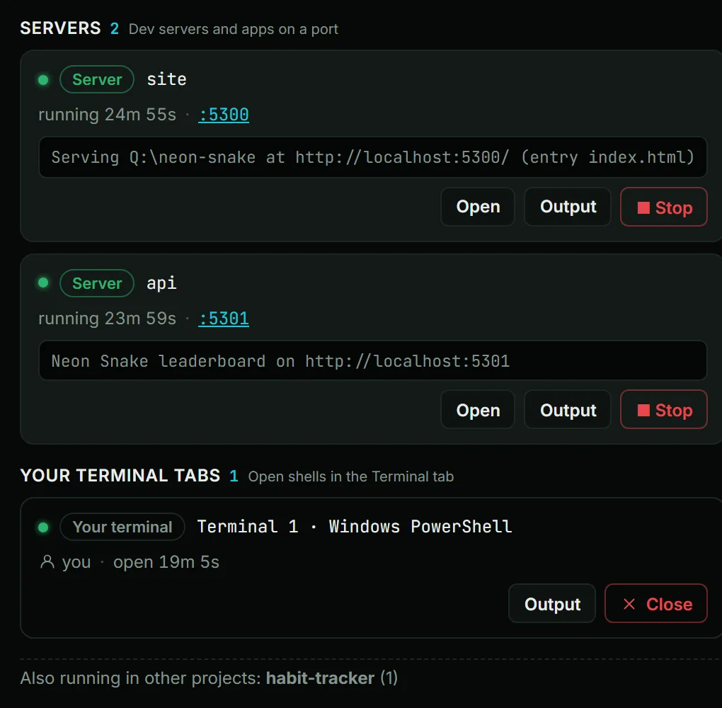Servers and terminals running in a QuorX project, each with a Stop button.