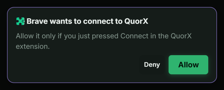 QuorX asking whether to let the browser connect, with Allow and Deny buttons