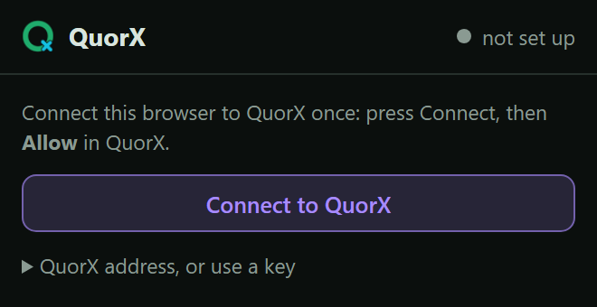 The QuorX extension's popup in the browser toolbar, with a Connect to QuorX button