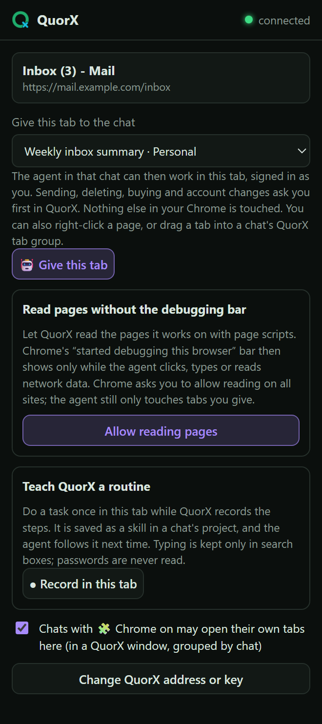 The extension's popup on a mail tab: pick a chat and press Give this tab, with Allow reading pages and Record in this tab below