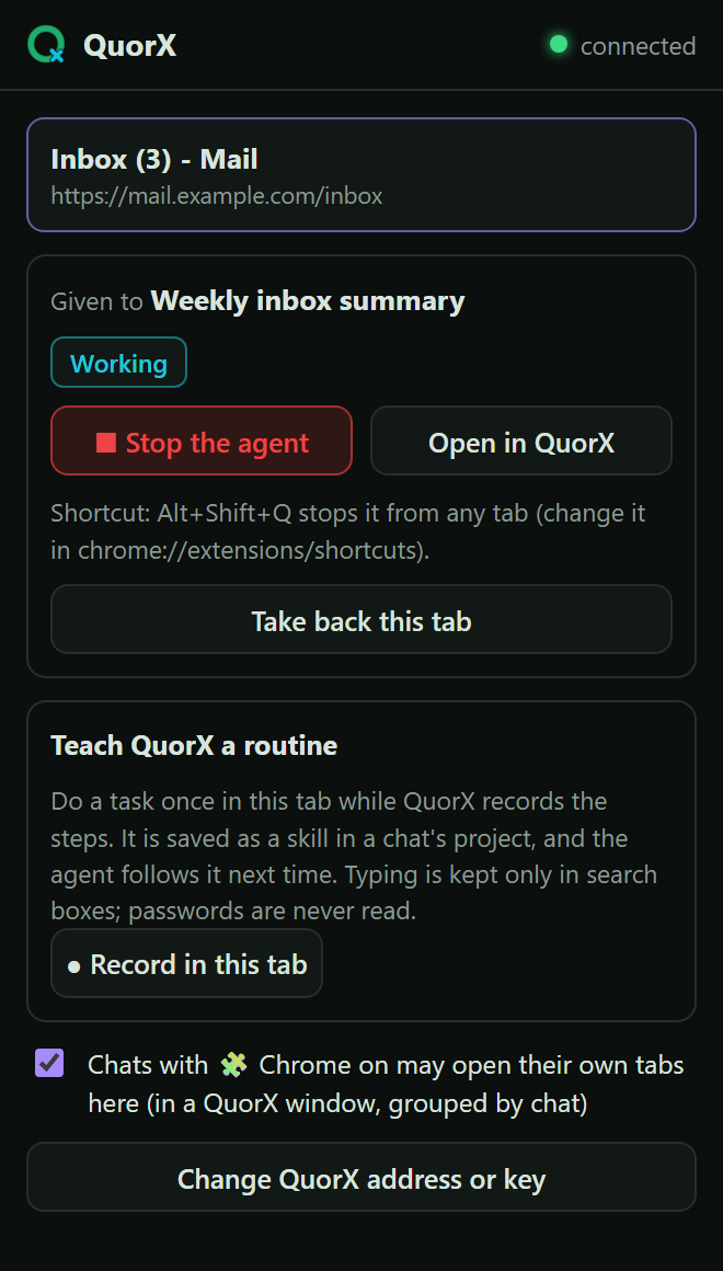 The extension's popup on a given tab while the agent works: a Working tag, Stop the agent, Open in QuorX and Take back this tab