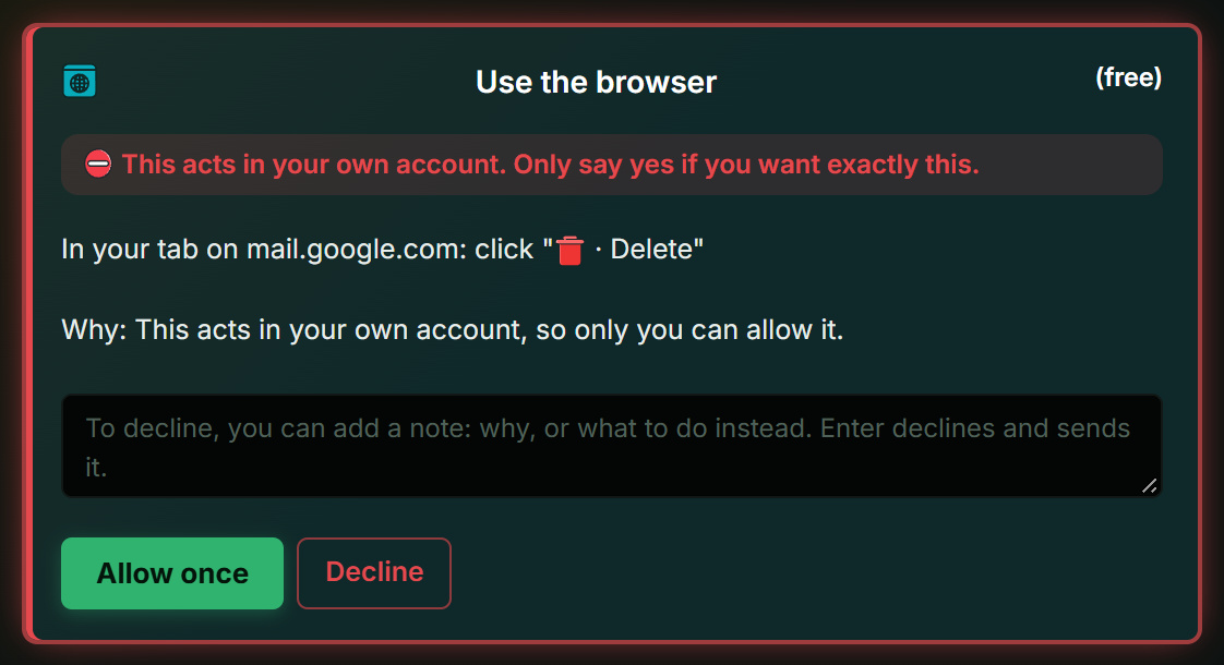 A red card asking the user before the agent clicks Delete in their own tab