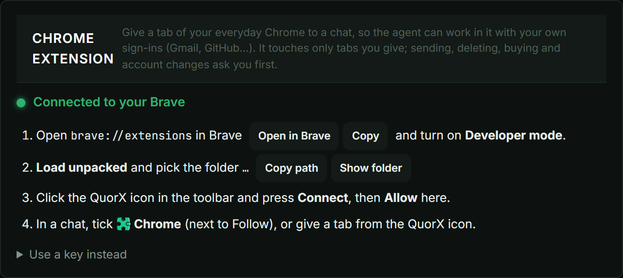 The Chrome extension card in QuorX Settings, with buttons to open the extensions page, copy the folder path and show the folder